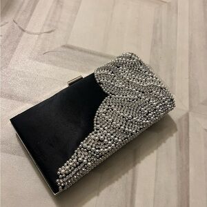 Black Evening Clutch with Silver Pearl Embellishment